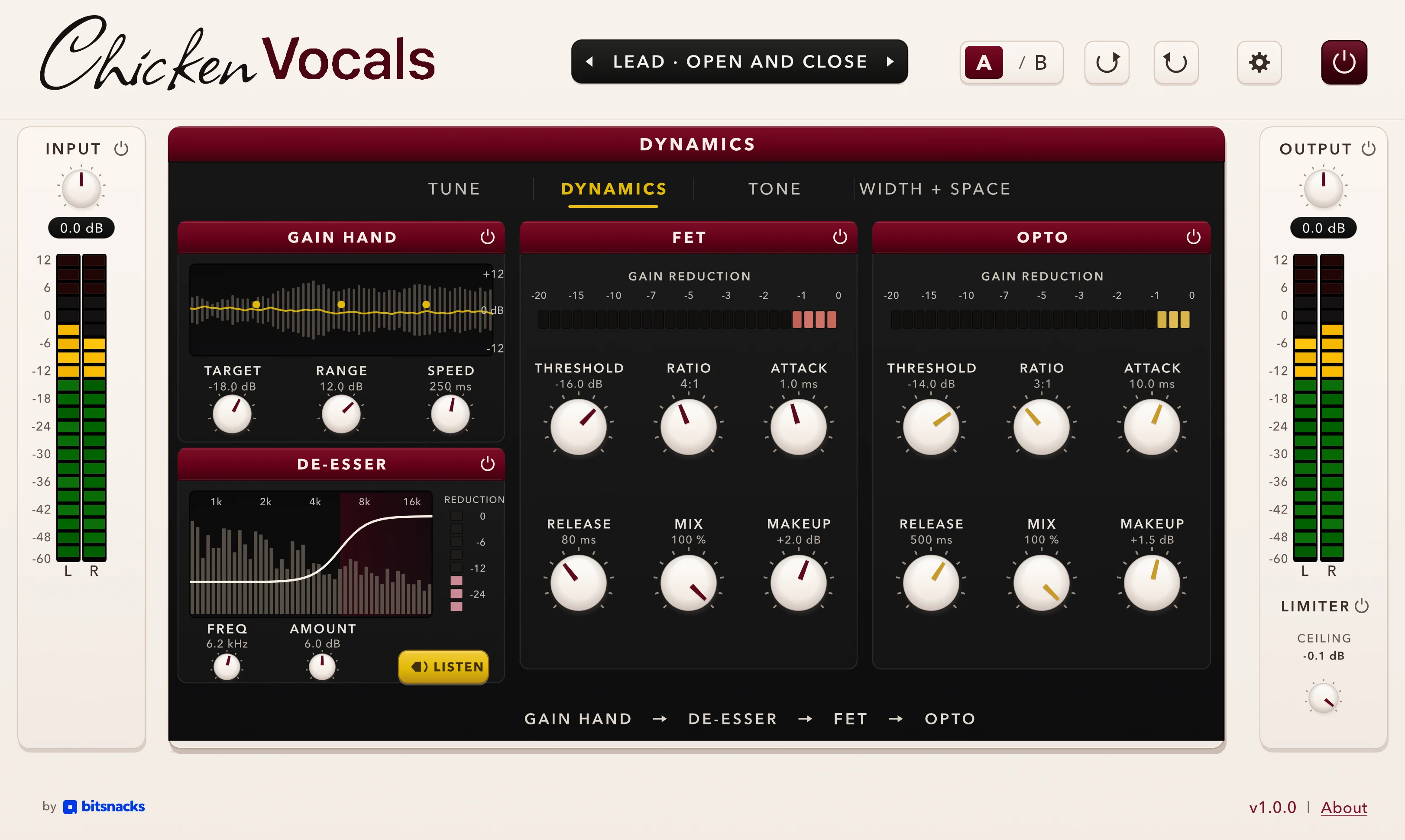 Chicken Vocals Dynamics screen with Gain Hand, De-Esser, fixed FET and fixed Opto modules