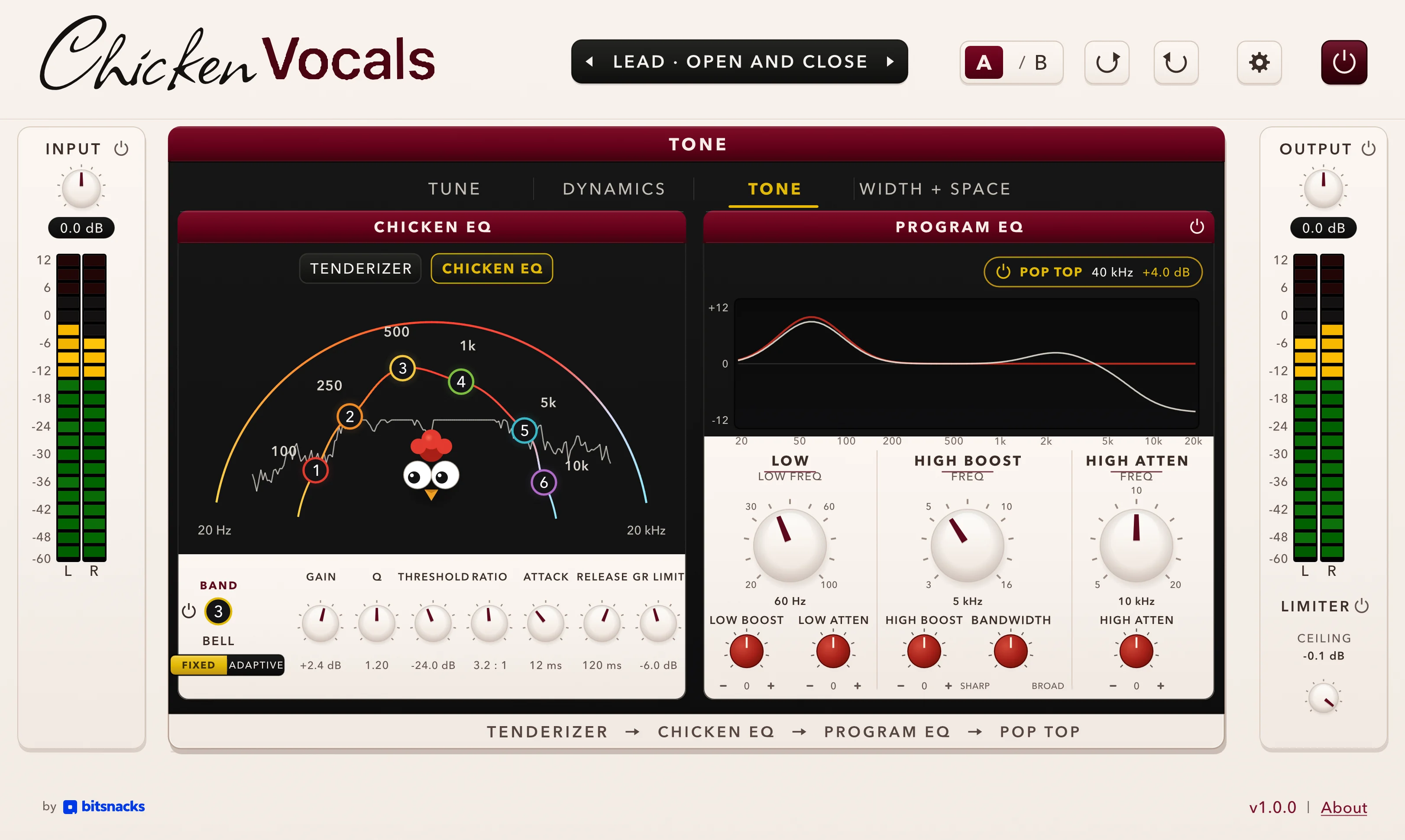 Chicken Vocals Tone screen with Tenderizer, Chicken EQ, Program EQ and Pop Top