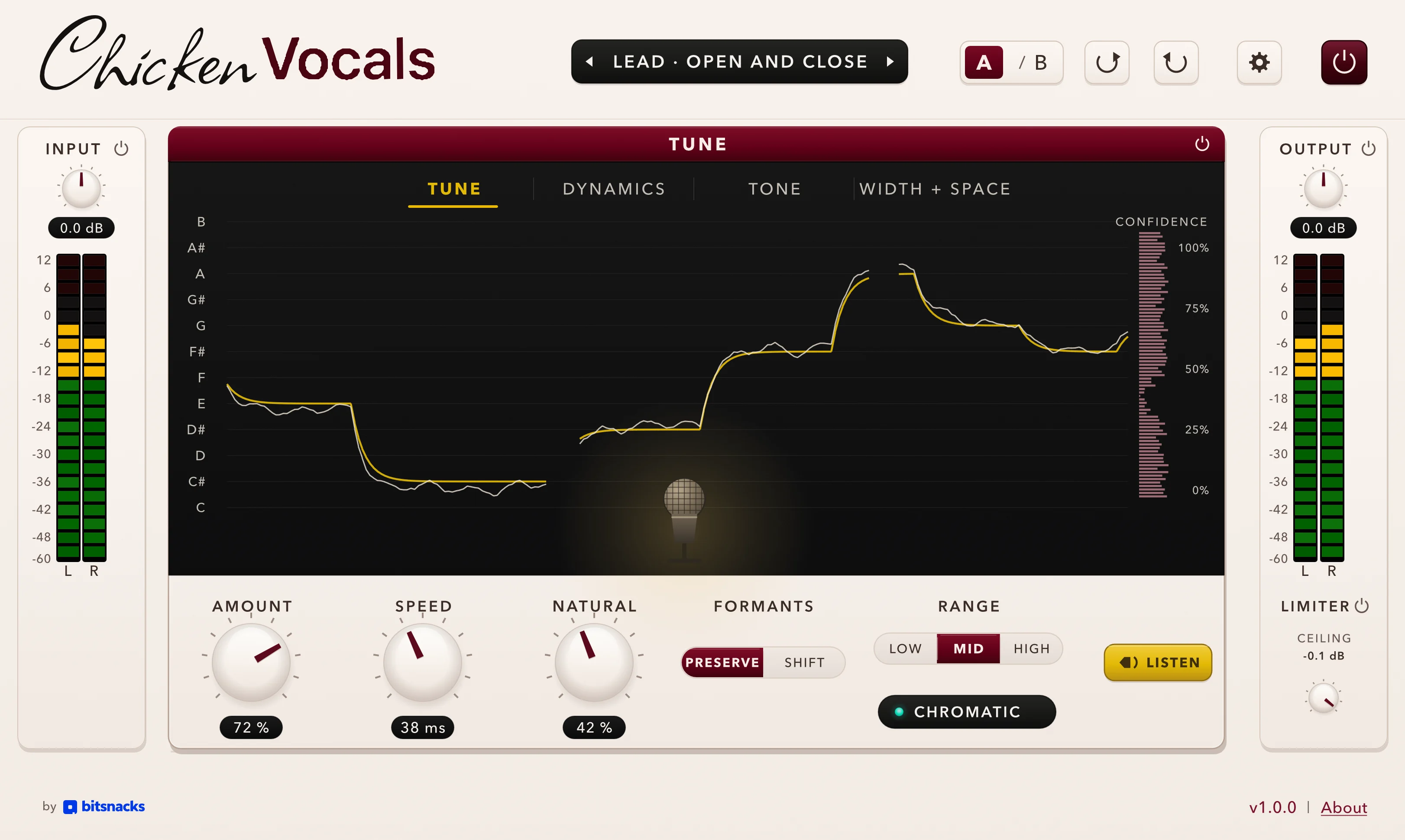 Chicken Vocals Tune screen with pitch traces, Amount, Speed, Natural, Formants and Range controls